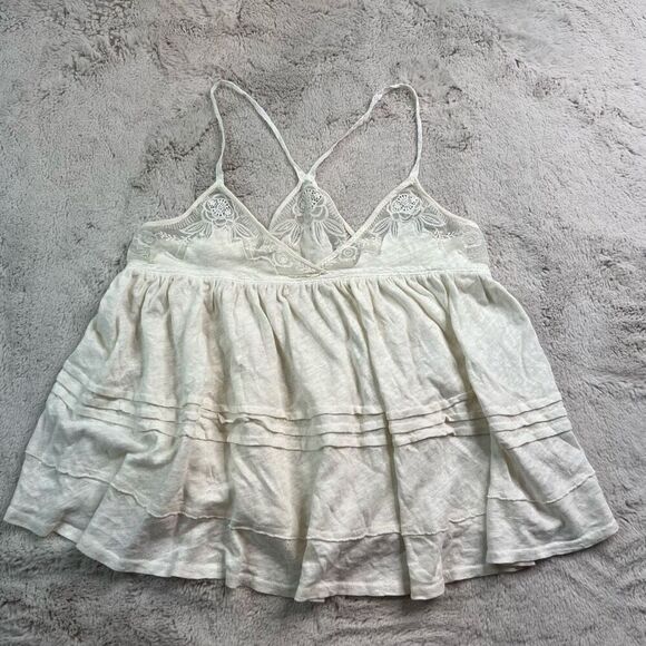 Free People White Tank Top Lace Floral Womens Size Small Linen Blend Babydoll - Picture 2 of 10